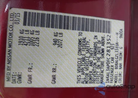 2015 Nissan Altima 2.5 S из США, поврежденный, VIN 1N4AL3AP0FC281352